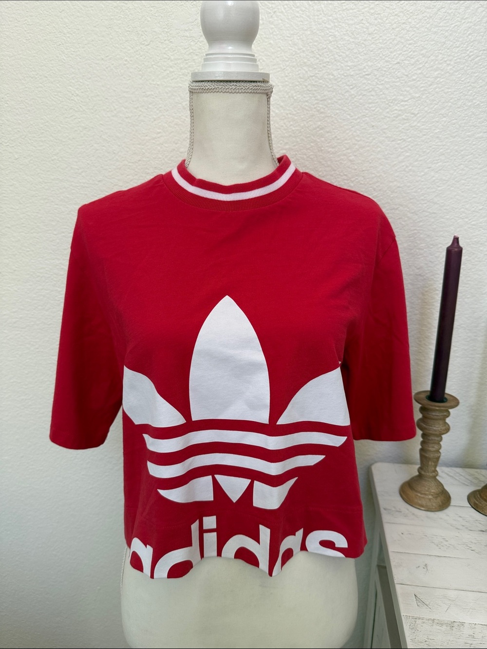 Adidas Women’s Red Tee with White Trefoil Graphic